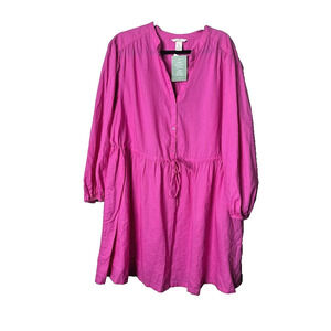 H&M Linen Blend Shirt Dress XL Pink Coastal Beachy Cruise Tie Waist Long Sleeve